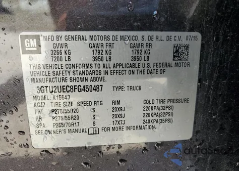 2015 GMC Sierra K1500 Sle from USA, damaged, VIN 3GTU2UEC8FG450487